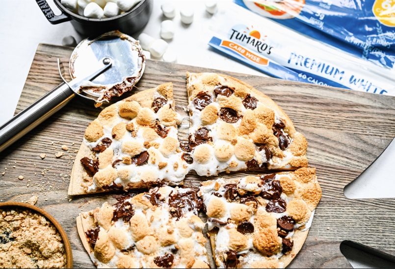 Gooey, chocolatey, golden brown s'mores pizza